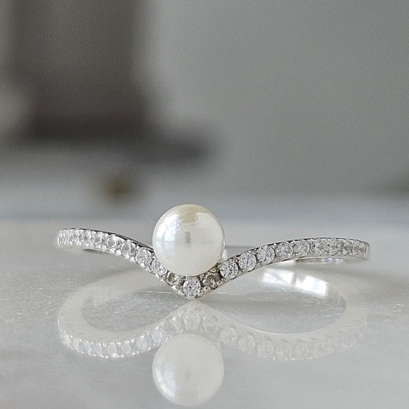 Dainty Pearl Wishbone Ring, 925 Sterling Silver Charmed Aroma - Picture 4 of 5